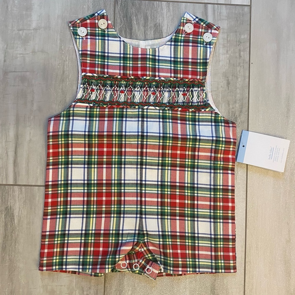 NWT Bella Bliss Festive Tartan Plaid Smocked Boy’s Cotton Shortall Romper, 12M